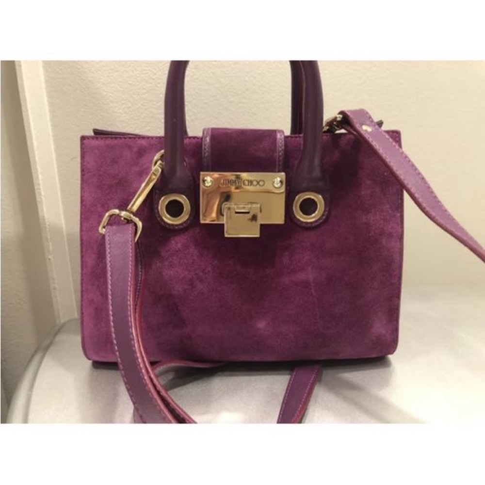 Jimmy Choo Purple Suede Satchel with Gold Accents good condition elastic waist
